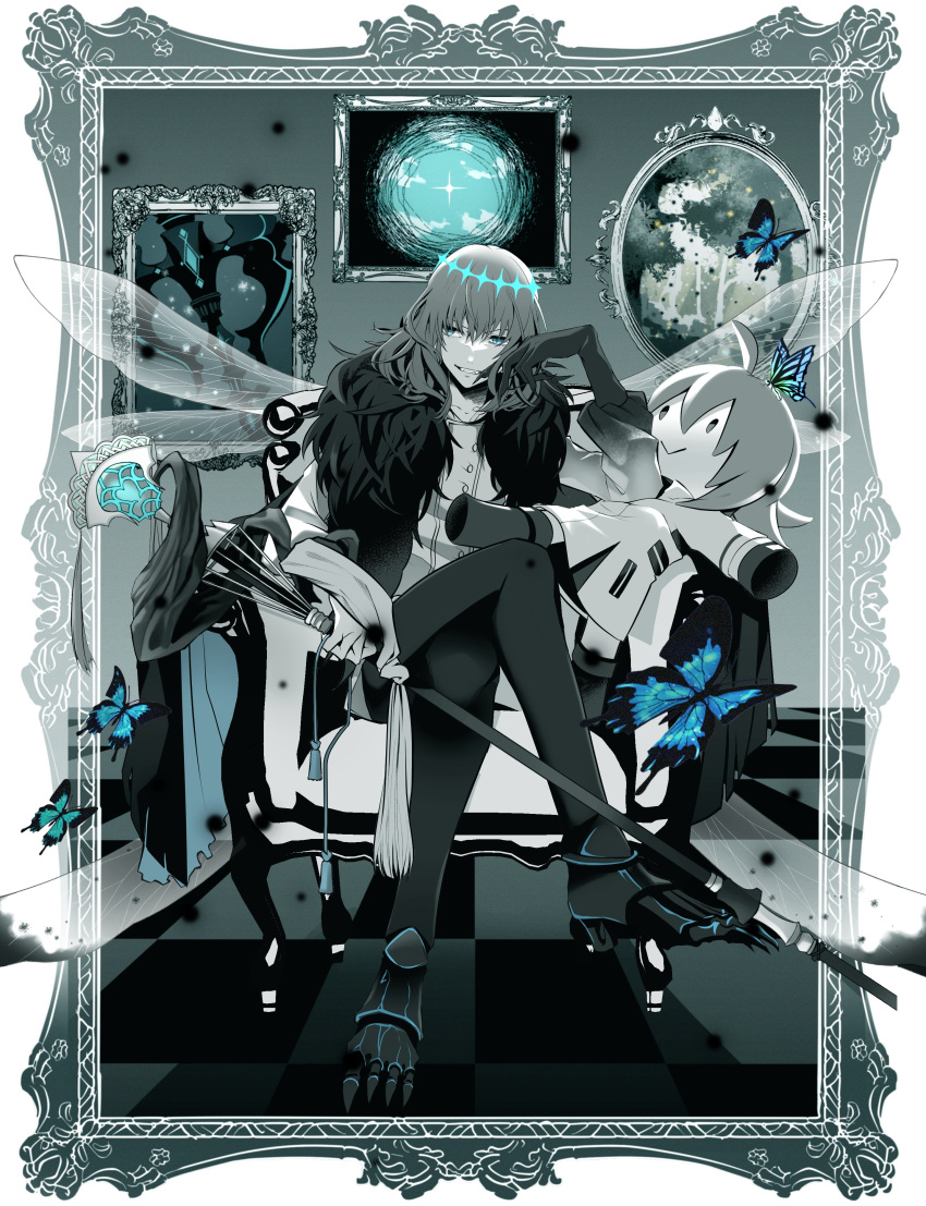 1boy absurdres alternate_hair_color arthropod_boy bangs black_hair black_pants blue_butterfly blue_eyes bug butterfly cape chair collared_shirt commentary_request crossed_legs crown dark_persona diamond_hairband doll evil_smile fate/grand_order fate_(series) fujimaru_ritsuka_(female) fujimaru_ritsuka_(female)_(decisive_battle_chaldea_uniform) full_body fur_collar highres holding holding_staff insect_wings long_sleeves male_focus medium_hair morita_yuu muted_color no_wings oberon_(fate) official_alternate_costume pants partially_colored shirt sitting smile solo spoilers staff white_shirt wings