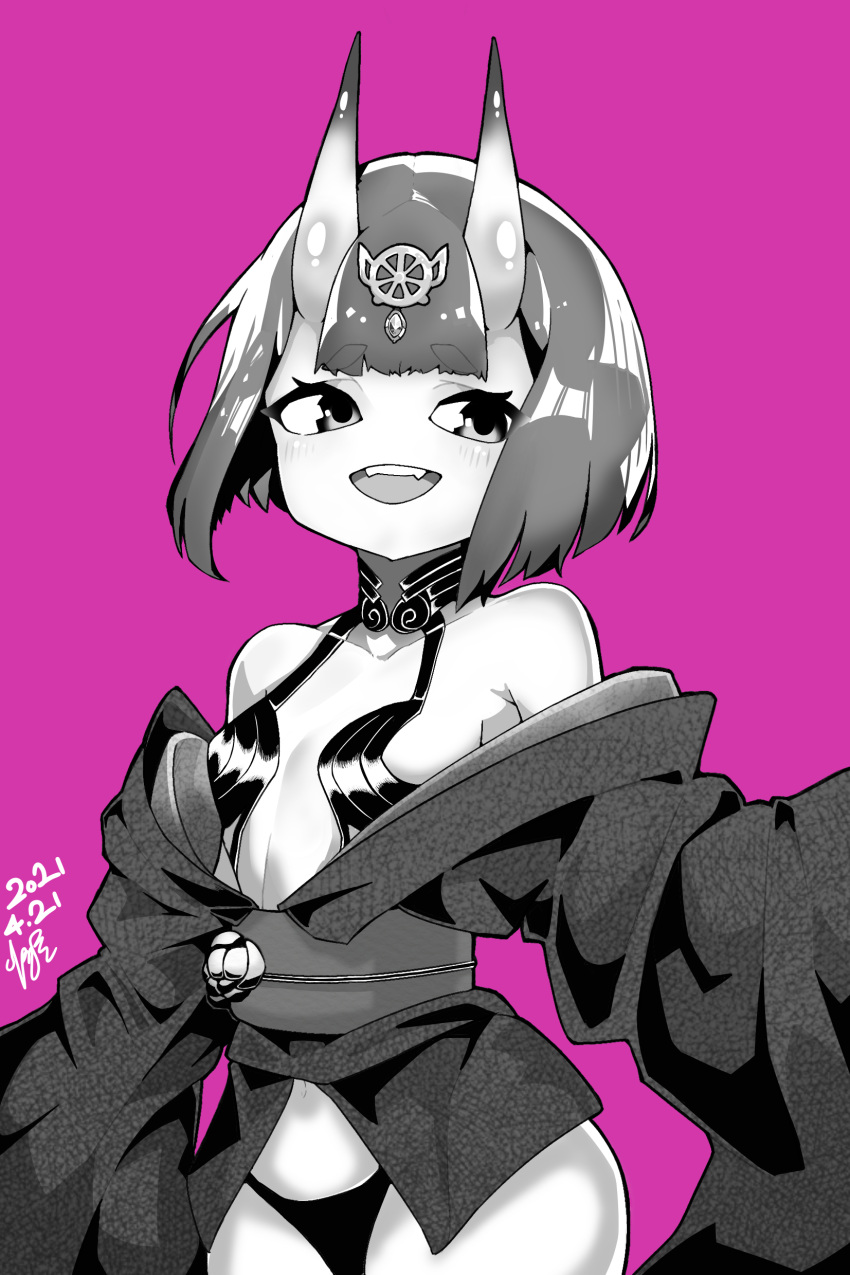 1girl absurdres artist_name bangs bare_shoulders blunt_bangs blush bob_cut breasts collarbone commentary cowboy_shot dated eyebrows_visible_through_hair fangs fate/grand_order fate_(series) haembokeyo hair_ornament happy highres horns japanese_clothes kimono light_blush long_sleeves looking_to_the_side monochrome navel obi off_shoulder oni_horns open_mouth panties pink_background revealing_clothes sash shiny shiny_hair short_hair shuten_douji_(fate) sidelocks signature simple_background small_breasts smile solo standing teeth underwear