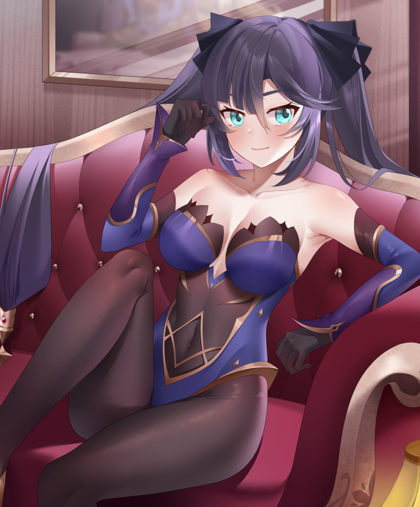 1girl absurdres bangs bare_shoulders black_gloves black_hair black_legwear blue_leotard blush breasts closed_mouth collarbone couch covered_navel detached_sleeves feet_out_of_frame genshin_impact gloves gold_trim green_eyes hair_between_eyes hair_ornament hand_up highres kemile knee_up leotard long_hair medium_breasts mona_(genshin_impact) no_hat no_headwear pantyhose picture_frame sitting solo star_(symbol) star_hair_ornament twintails very_long_hair