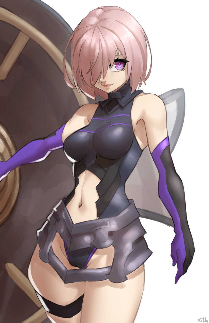 1girl absurdres armor armored_leotard bare_shoulders black_armor black_leotard breastplate closed_mouth clothing_cutout commentary detached_sleeves elbow_gloves english_commentary fate/grand_order fate_(series) gloves hair_over_one_eye highres holding holding_shield holding_weapon leotard lips looking_at_viewer mash_kyrielight navel one_eye_covered pink_hair pink_lips shield short_hair signature simple_background smile solo thighs violet_eyes weapon white_background x_xith_x