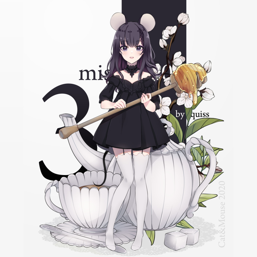 1girl :d absurdres animal_ears bangs bare_shoulders black_dress black_hair braid cup dress eyebrows_visible_through_hair garter_straps grey_background highres holding honey honey_dipper long_hair looking_at_viewer minigirl mouse_ears mouse_girl mouse_tail no_shoes off-shoulder_dress off_shoulder original puffy_short_sleeves puffy_sleeves quiss saucer short_sleeves smile solo standing tail teacup teapot teeth thigh-highs upper_teeth violet_eyes white_legwear