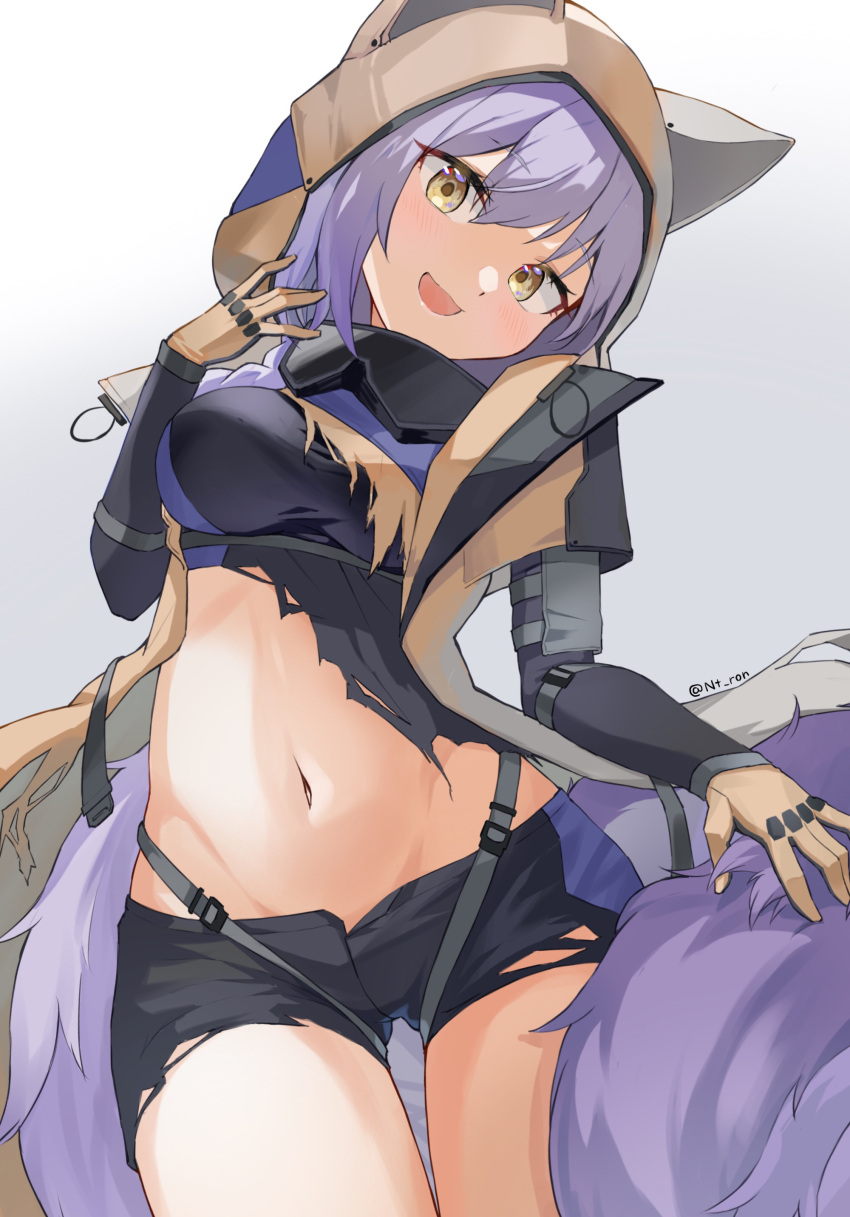 1girl :d absurdres animal_ears arknights ass_visible_through_thighs black_shorts blush braid breasts brown_gloves cowboy_shot gloves goggles goggles_around_neck hair_over_shoulder hand_up head_tilt highres hood hood_up large_tail long_hair long_sleeves looking_at_viewer medium_breasts navel nitoron official_alternate_costume open_mouth provence_(arknights) provence_(wasteland_walker)_(arknights) purple_hair revealing_clothes short_shorts shorts simple_background single_braid smile solo stomach tail thigh_gap white_background wolf_ears wolf_girl wolf_tail yellow_eyes