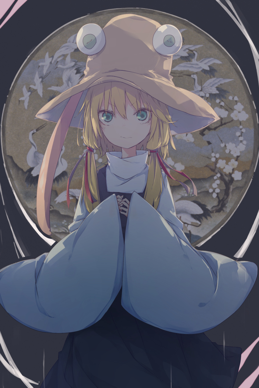1girl bird blonde_hair branch cherry_blossoms closed_mouth commentary dress eyebrows_visible_through_hair gavrof green_eyes grey_dress hair_ribbon hands_up hat highres long_hair long_sleeves looking_at_viewer moriya_suwako own_hands_together red_ribbon ribbon shirt solo tongue touhou upper_body v-shaped_eyebrows wavy_mouth white_shirt wide_sleeves yellow_headwear