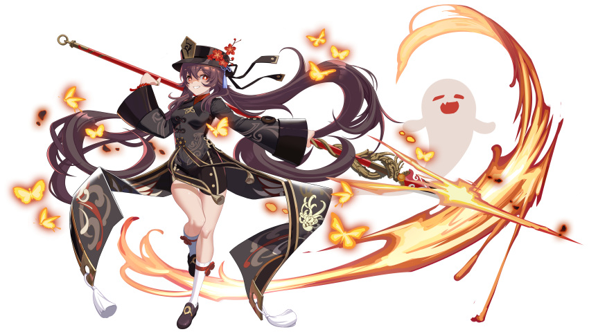 1girl absurdres bead_bracelet beads black_headwear bracelet brown_coat brown_hair bug butterfly coat collared_shirt fire floating_hair flower full_body genshin_impact ghost grin hair_between_eyes hamachi_hazuki hat hat_flower highres holding holding_polearm holding_weapon hu_tao_(genshin_impact) jewelry kneehighs long_hair looking_at_viewer multiple_rings polearm red_eyes red_shirt ring shirt smile solo symbol-shaped_pupils twintails weapon white_background white_legwear wide_sleeves