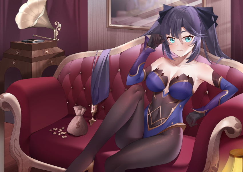 1girl bangs bare_shoulders black_gloves black_hair black_legwear blue_leotard blush breasts closed_mouth coin collarbone couch covered_navel detached_sleeves feet_out_of_frame genshin_impact gloves gold_coin gold_trim green_eyes hair_between_eyes hair_ornament hand_up highres kemile knee_up leotard long_hair medium_breasts mona_(genshin_impact) money moneybag no_hat no_headwear pantyhose phonograph picture_frame pouch sitting solo star_(symbol) star_hair_ornament twintails very_long_hair