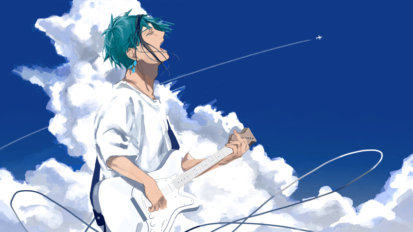 1boy absurdres aircraft airplane bangs black_hair blue_hair blue_sky cable clouds contrail day earrings electric_guitar floyd_leech from_side guitar highres hinako_95 instrument jewelry looking_away male_focus multicolored_hair music open_mouth playing_instrument profile sharp_teeth shirt short_hair short_sleeves singing sky solo streaked_hair t-shirt teeth twisted_wonderland upper_body white_shirt yellow_eyes