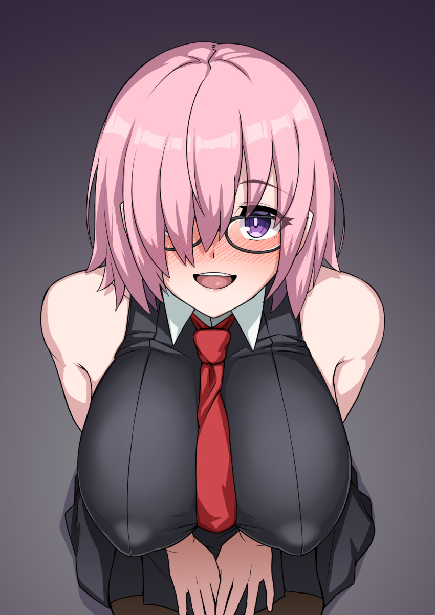 1girl :d bangs bare_shoulders black_dress blush breasts dress fate/grand_order fate_(series) glasses hair_over_one_eye highres large_breasts leaning_forward light_purple_hair looking_at_viewer mash_kyrielight muta_poo necktie nose_blush open_mouth pink_hair short_hair sleeveless smile solo violet_eyes
