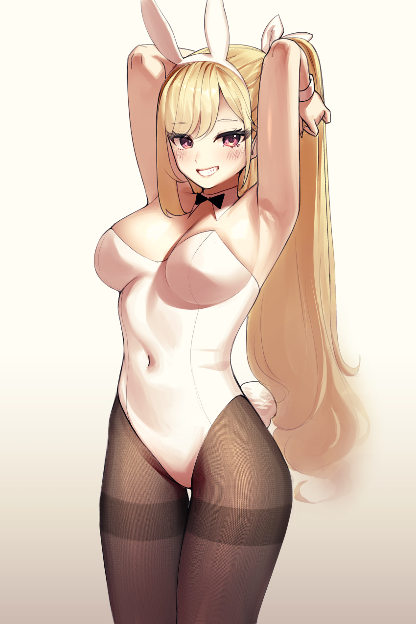 1girl absurdres animal_ears armpits arms_behind_head arms_up bare_arms bare_shoulders blonde_hair bow bowtie breasts brown_legwear covered_navel detached_collar fake_animal_ears fake_tail grin hairband highleg highleg_leotard highres kitagawa_marin leotard long_hair looking_at_viewer medium_breasts pantyhose playboy_bunny ponytail rabbit_ears rabbit_tail red_eyes sbgu smile solo sono_bisque_doll_wa_koi_wo_suru strapless strapless_leotard tail thigh_gap thighband_pantyhose very_long_hair white_leotard