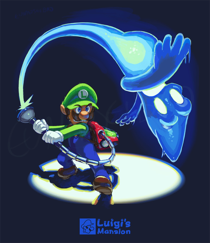 1boy blue_eyes blue_overalls brown_footwear brown_hair chromatic_aberration english_commentary english_text eunaoseibrother facial_hair ghost green_headwear hat highres luigi luigi's_mansion male_focus mustache overalls plumber poltergust_3000 simple_background spotlight