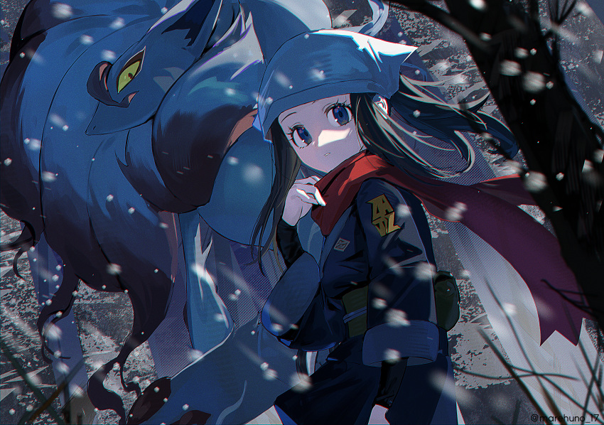 1girl absurdres akari_(pokemon) bare_tree black_hair black_shirt chromatic_aberration commentary_request eyelashes film_grain floating_hair from_side grey_jacket hand_up head_scarf highres hisuian_zoroark jacket logo long_hair looking_at_viewer mare_funo night outdoors parted_lips pokemon pokemon_(creature) pokemon_(game) pokemon_legends:_arceus ponytail red_scarf scarf shirt sidelocks snowing tree
