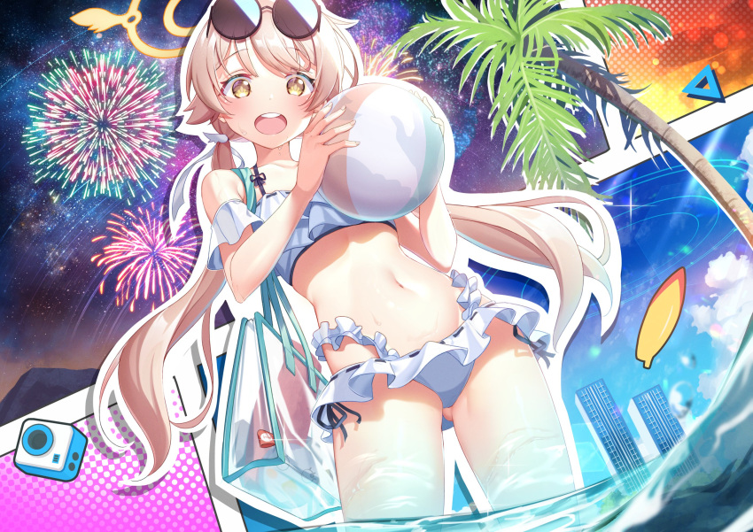 1girl ball beachball bikini blue_archive building eyebrows_visible_through_hair fireworks frilled_bikini frills hair_flaps hifumi_(blue_archive) highres holding holding_ball holding_beachball light_brown_hair long_hair looking_at_viewer low_twintails navel open_mouth palm_tree sasatabekung smile solo swimsuit tree twintails white_bikini yellow_eyes