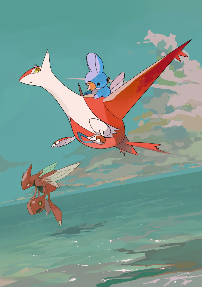 absurdres claws clouds day flying from_side highres latias lying mudkip no_humans on_stomach outdoors pokemon pokemon_(creature) riding riding_pokemon scizor sky two_pokemon water yellow_eyes