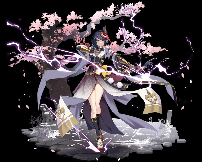 1girl absurdres bangs black_gloves black_legwear blue_hair bodysuit bow_(weapon) breast_curtain cherry_tree drawing_bow elbow_gloves electricity falling_petals full_body genshin_impact geta gloves hamachi_hazuki highres holding holding_bow_(weapon) holding_weapon jewelry kneehighs kujou_sara lightning looking_at_viewer mask mask_on_head pendant petals short_hair solo swept_bangs tengu-geta tengu_mask weapon yellow_eyes