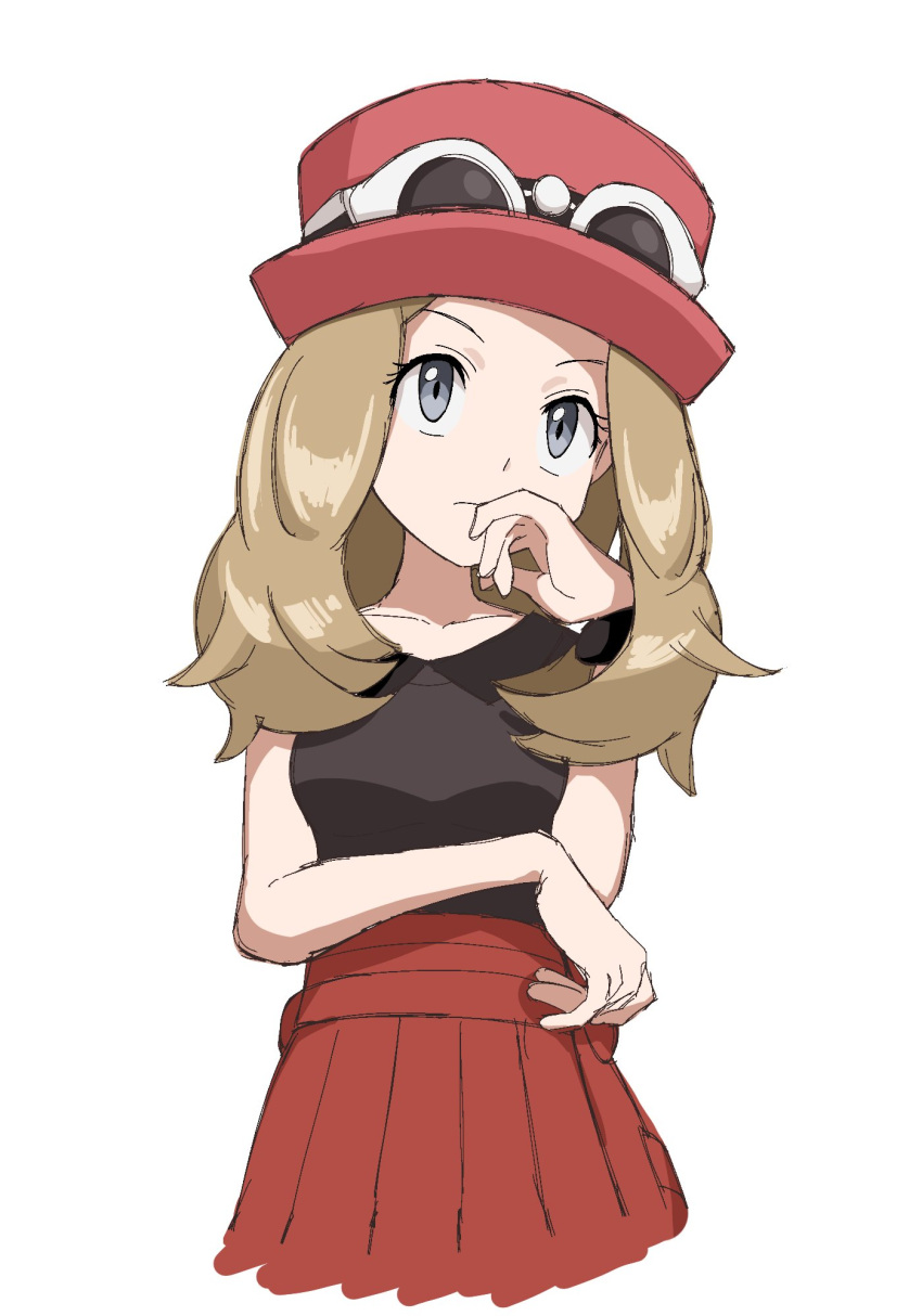 1girl breasts brown_hair collared_shirt commentary_request eyewear_on_headwear grey_eyes hat high-waist_skirt highres koniko_(525lj) long_hair mega_ring pink_headwear pokemon pokemon_(game) pokemon_xy red_skirt serena_(pokemon) shirt simple_background skirt sleeveless sleeveless_shirt solo sunglasses white-framed_eyewear white_background