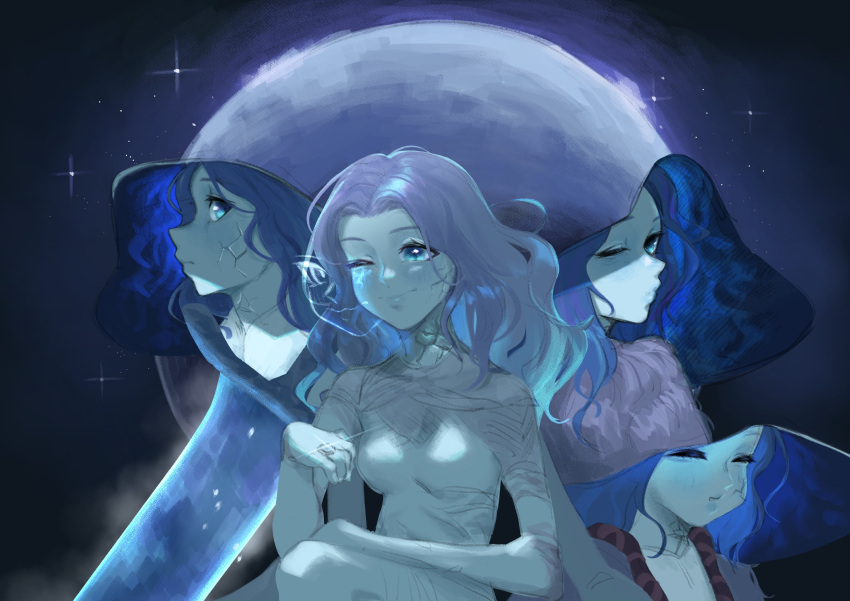 1girl absurdres blue_eyes blue_hair blue_skin blush breasts closed_mouth colored_skin completely_nude cracked_skin elden_ring extra_arms extra_faces full_moon glint gradient_hair highres jewelry knifecat moon moonlight_greatsword multicolored_hair multiple_views no_nipples nude one_eye_closed parted_lips ring small_breasts smile