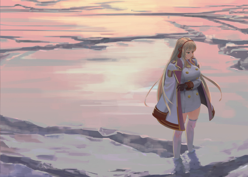 1girl aqua_eyes bangs blonde_hair breasts buttons closed_mouth coat coat_on_shoulders double-breasted gloves hair_ribbon jacket large_breasts last_origin leona_of_blood_&amp;_iron long_hair long_sleeves nyanom outdoors red_ribbon ribbon snow solo tassel thigh-highs very_long_hair white_jacket white_legwear