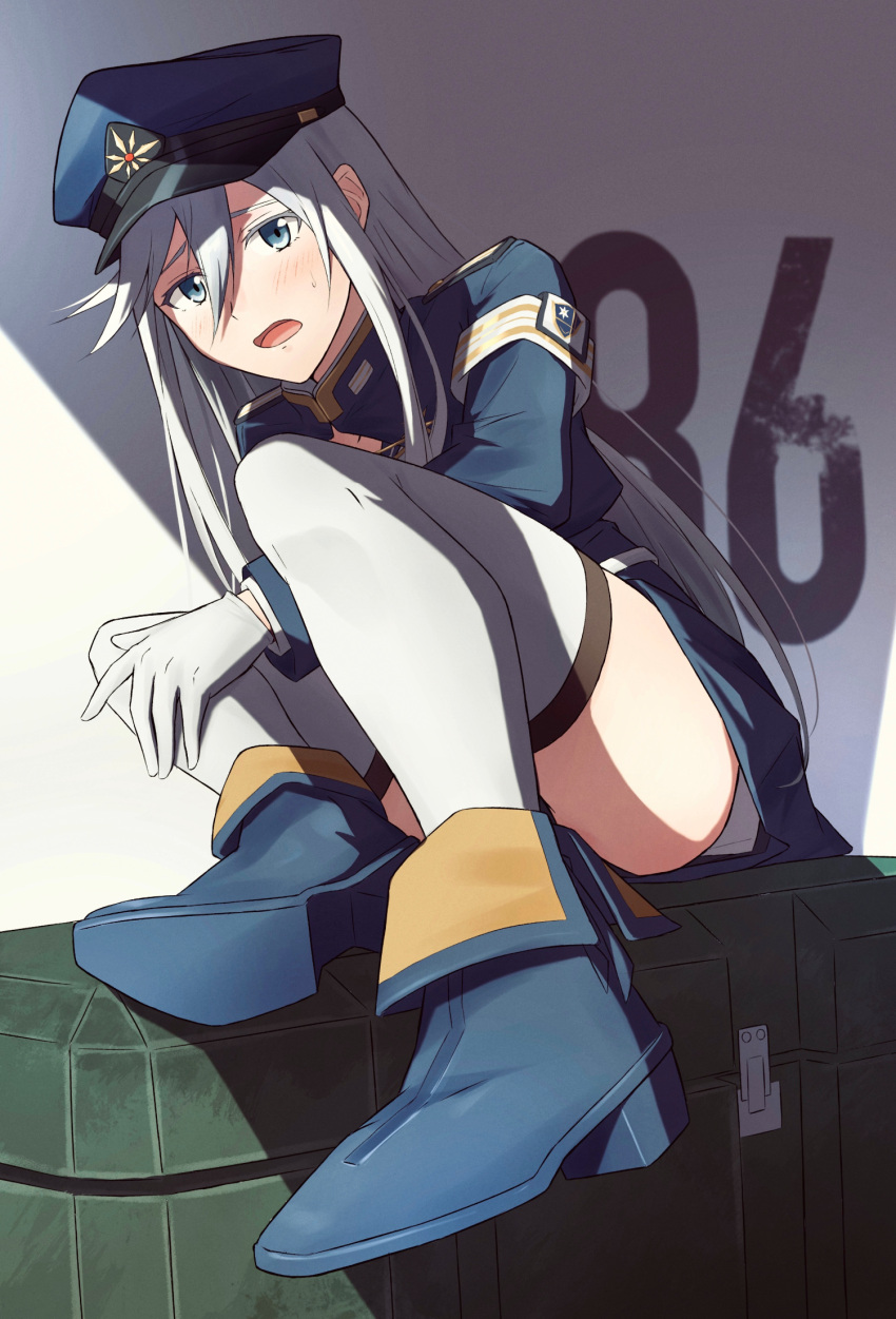 1girl 86_-eightysix- armband blue_eyes blue_footwear blue_jacket blue_skirt blush boots copyright_name crate full_body gloves hair_between_eyes hat highres jacket knee_up long_hair looking_at_viewer military military_hat military_uniform open_mouth shadow shoes sitting skirt solo straight_hair sweatdrop thigh-highs thighs uniform vladilena_millize white_gloves white_hair white_legwear yakisobaosu zettai_ryouiki