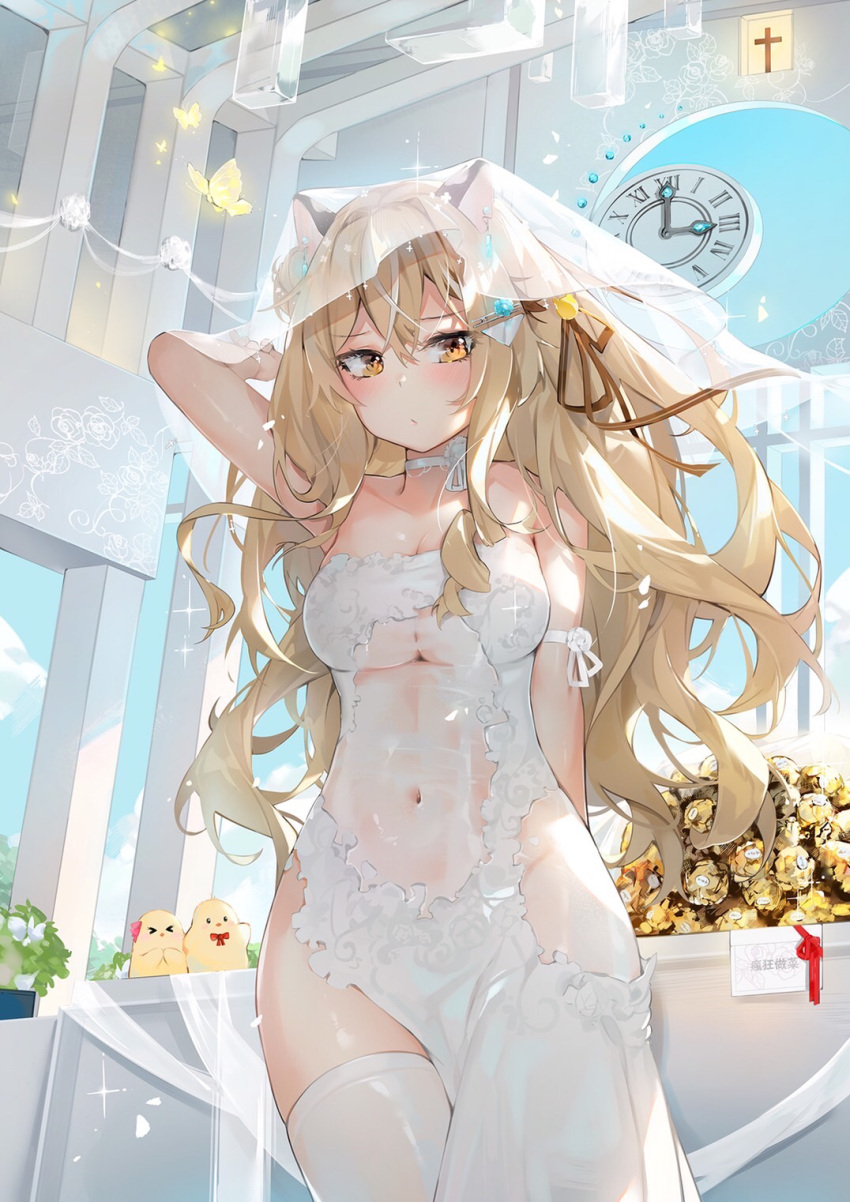 1girl animal animal_ears arm_behind_back arm_up arms_behind_back bare_shoulders blonde_hair blue_sky bow breasts brown_ribbon bug butterfly choker clock closed_eyes closed_mouth commentary_request covered_navel cross day dema_hmw dress hair_between_eyes hair_ornament hair_ribbon highres indie_virtual_youtuber indoors long_hair looking_at_viewer medium_breasts navel no.fifteen red_bow ribbon see-through side_slit sky solo standing strapless strapless_dress thigh-highs veil white_choker white_dress white_legwear yellow_eyes