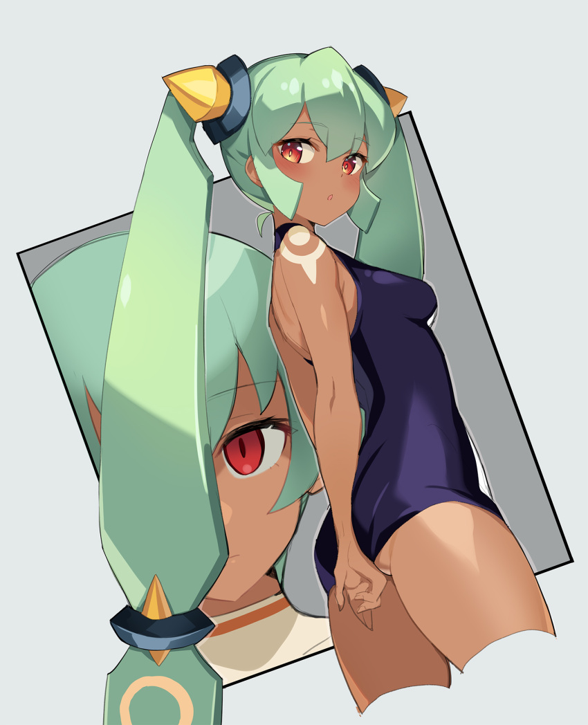 2girls ass bangs bare_shoulders blush breasts closed_mouth cropped_legs dark-skinned_female dark_skin empty_eyes eyebrows_visible_through_hair green_eyes green_hair highres long_hair looking_at_viewer medium_breasts multiple_girls one-piece_swimsuit parted_lips red_eyes sera_(mega_man) serin199 short_hair swimsuit tattoo twintails yuna_(mega_man)