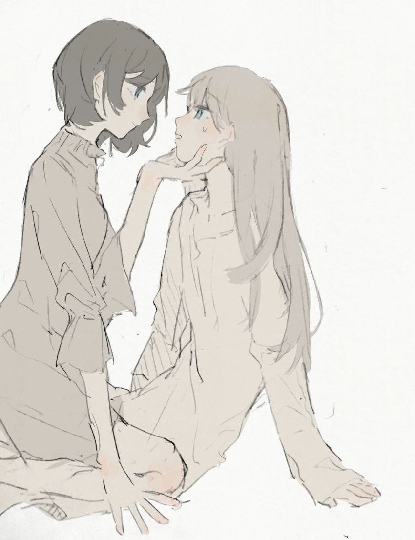 2girls aki_(_n_ff) arm_support black_hair blue_eyes closed_mouth commentary_request dress eye_contact grey_dress hand_on_another's_chin highres kneeling long_sleeves looking_at_another multiple_girls original parted_lips profile shirt short_hair sitting sleeves_past_fingers sleeves_past_wrists sweat white_shirt yuri