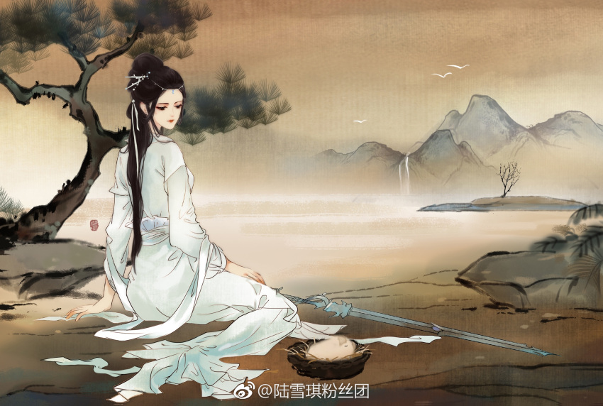 1girl bare_tree black_hair dress expressionless hair_bun highres long_hair lu_xueqi_(zhu_xian) lu_xueqi_tongren_ye lying mountain tree weibo_id white_dress zhu_xian