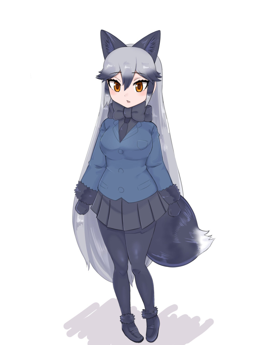 1girl animal_ears aramaru black_bow black_bowtie black_footwear black_fur black_gloves black_legwear black_necktie black_skirt blue_coat blush bow bowtie coat eyebrows_visible_through_hair fox_ears fox_girl fox_tail full_body fur_trim gloves grey_hair highres kemono_friends long_hair long_sleeves multicolored_hair necktie orange_eyes pantyhose pleated_skirt sidelocks silver_fox_(kemono_friends) silver_hair skirt solo tail