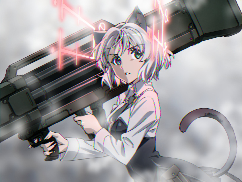 1girl animal_ears bangs black_dress black_necktie cat_ears cat_tail clouds collared_dress commentary dress eyebrows_visible_through_hair from_side frown green_eyes highres hirschgeweih_antennas holding holding_weapon kogarashi51 long_sleeves looking_at_viewer necktie parted_lips rocket_launcher sanya_v._litvyak short_hair silver_hair solo standing star_(symbol) strike_witches tail weapon world_witches_series