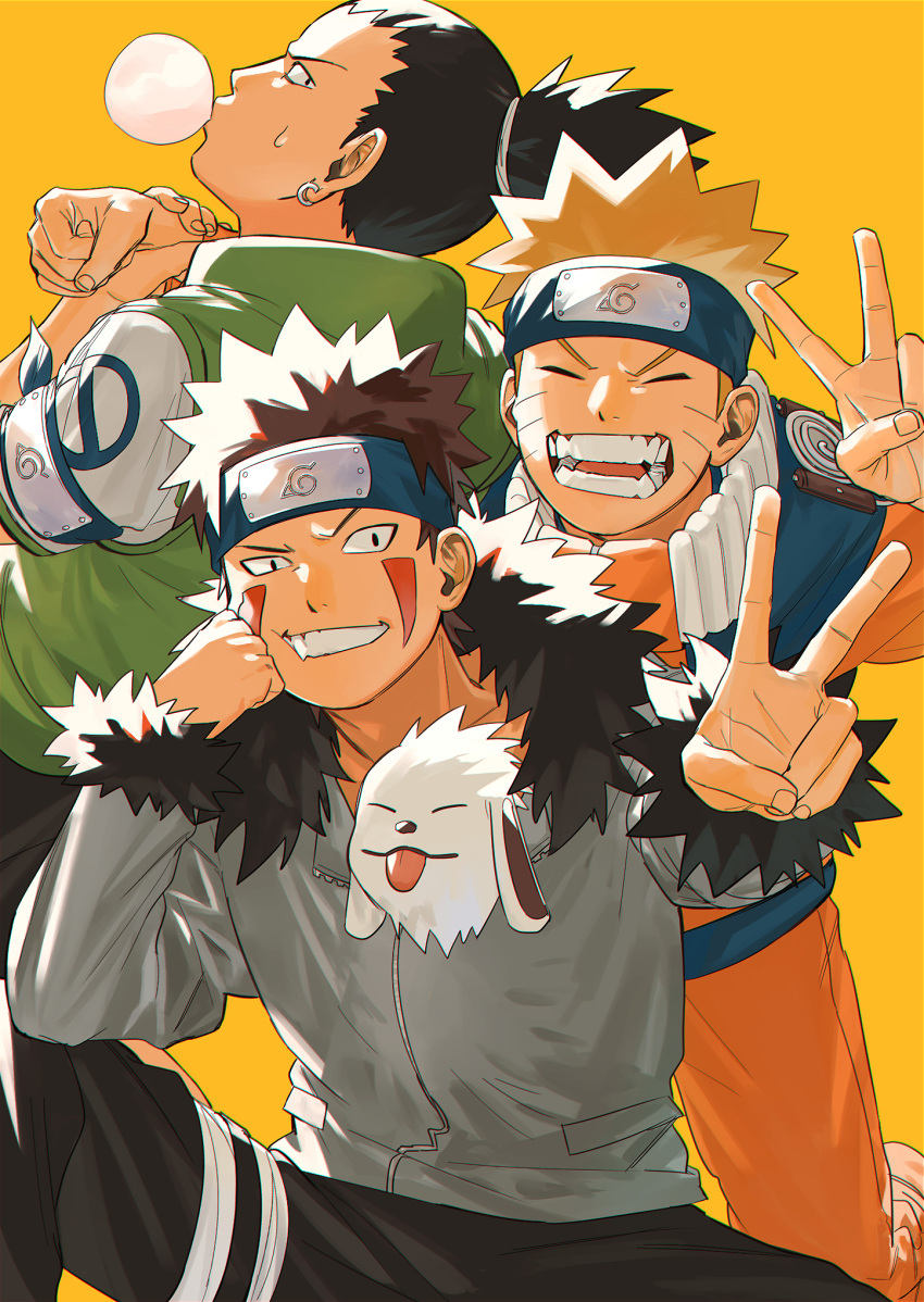 3boys akamaru_(naruto) black_hair black_pants blonde_hair bubble_blowing earrings fingernails forehead forehead_protector fur-trimmed_jacket fur_trim grey_jacket grin highres inuzuka_kiba jacket jewelry long_sleeves looking_at_viewer mirin_(coene65) multiple_boys nara_shikamaru naruto naruto_(series) ninja open_mouth orange_jacket orange_pants pants ponytail short_hair short_sleeves simple_background smile spiky_hair sweatdrop teeth tongue tongue_out uzumaki_naruto v v-shaped_eyebrows vest yellow_background