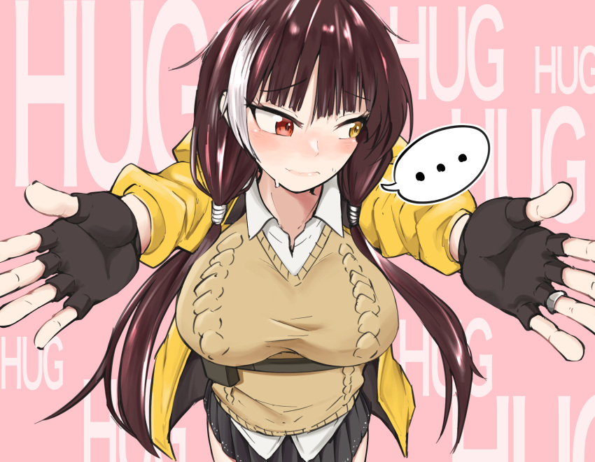 1girl black_gloves black_hair black_skirt blush brown_sweater_vest collared_shirt english_text fingerless_gloves girls_frontline gloves heterochromia highres jacket kuzumotsu long_hair looking_to_the_side low_twintails miniskirt multicolored_hair pink_background pleated_skirt red_eyes ro635_(girls'_frontline) shirt skirt solo streaked_hair sweat sweater_vest twintails white_hair white_shirt yellow_eyes yellow_jacket