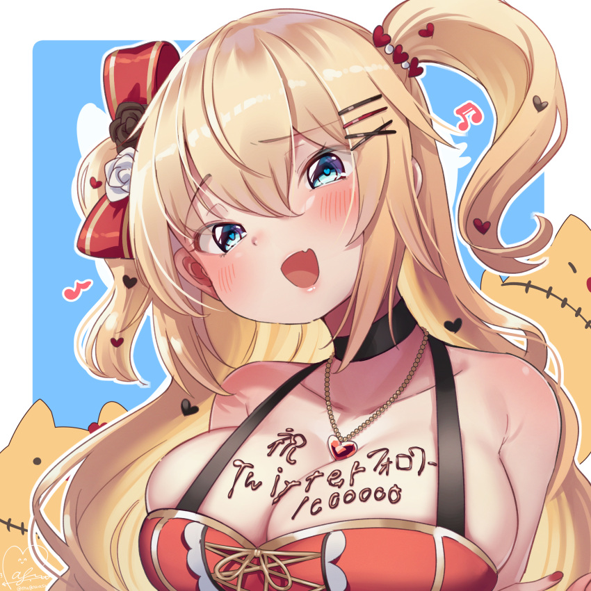 1girl :d akai_haato bangs bare_shoulders black_choker blonde_hair blue_eyes blush body_writing bow breasts chocolate_on_breasts choker dress eyebrows_visible_through_hair fang haaton_(akai_haato) hair_between_eyes hair_bow hair_ornament hairclip halterneck heart heart-shaped_pupils heart_hair_ornament highres hololive jewelry large_breasts long_hair magowasabi musical_note necklace red_bow red_dress signature skin_fang smile solo symbol-shaped_pupils translation_request twitter_username two_side_up upper_body virtual_youtuber x_hair_ornament