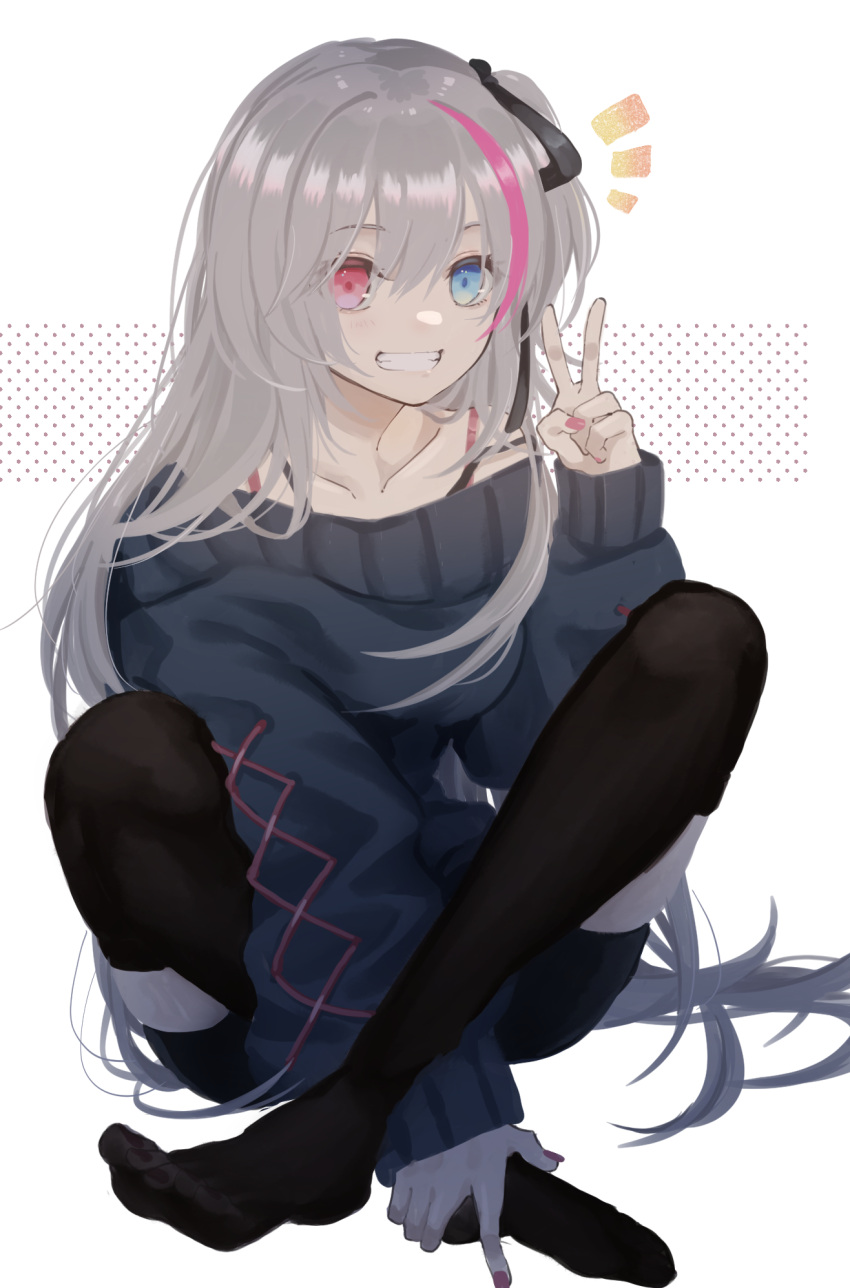 1girl bangs black_legwear black_ribbon blue_eyes collarbone commentary eyebrows_visible_through_hair feet full_body girls_frontline grey_sweater grin hair_ribbon heterochromia highres holding_own_foot long_hair long_sleeves looking_at_viewer md5_mismatch mdr_(girls'_frontline) multicolored_hair nail_polish no_shoes pink_eyes pink_hair pink_nails rabb_horn ribbon side_ponytail silver_hair smile streaked_hair sweater teeth thigh-highs toenails toes v