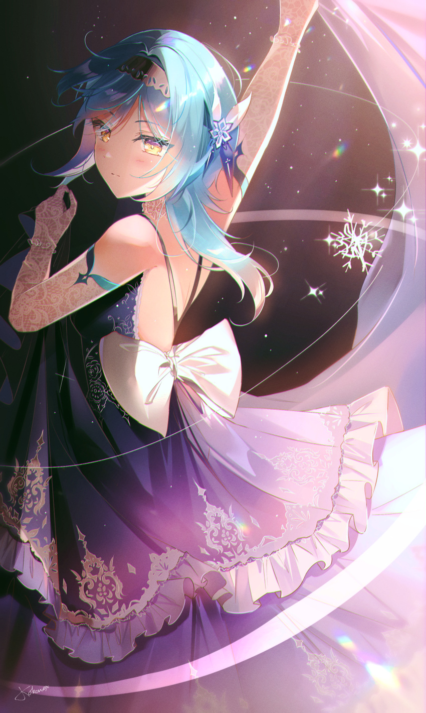 1girl absurdres alternate_costume black_hairband blue_dress blue_hair blush butterfly_hair_ornament choker closed_mouth clothes_lift dark_background dress dress_lift elbow_gloves eula_(genshin_impact) from_side genshin_impact gloves hair_ornament hairband highres lace lace_choker lace_gloves lifted_by_self long_hair looking_at_viewer looking_to_the_side solo_focus starlight_crystalz violet_eyes white_choker white_gloves