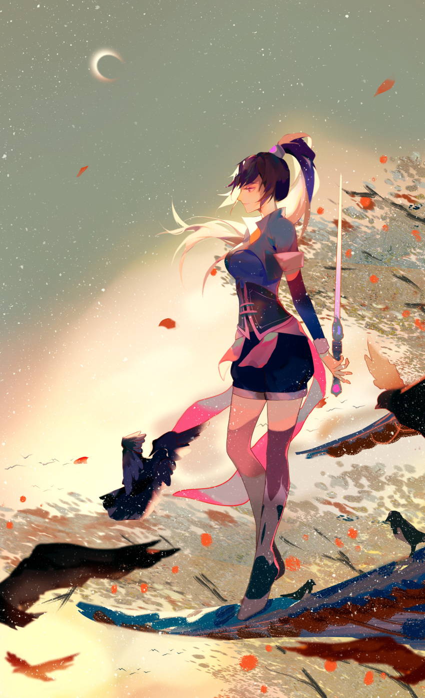 1girl absurdres bird dress from_side highres hua_jianghu_zhi_bei_mo_ting leaf ponytail shorts si_kongqi_(hua_jianghu_zhi_bei_mo_ting) si_kongqi_zhuye sword sword_behind_back tree weapon weibo_id
