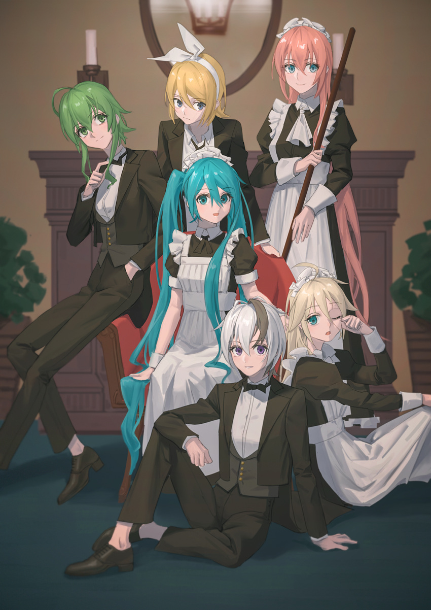 6+girls adjusting_clothes adjusting_necktie ahoge alternate_costume apron aqua_eyes aqua_hair arm_on_knee black_bow black_bowtie black_footwear black_hair black_jacket black_ribbon blonde_hair blue_eyes bow bow_hairband bowtie broom chair dress_pants enmaided expressionless fireplace flower_(vocaloid) formal green_eyes green_hair grey_vest gumi hair_bow hairband hand_in_pocket hatsune_miku headdress highres holding holding_broom ia_(vocaloid) indoors jacket kagamine_rin knee_up light_smile long_hair looking_at_viewer maid maid_apron maid_headdress megurine_luka multicolored_hair multiple_girls neck_ribbon necktie on_floor one_eye_closed open_mouth parted_lips pink_hair plant platinum_blonde_hair potted_plant purple_hair ribbon rubbing_eyes short_hair short_hair_with_long_locks short_sleeves sidelocks sideways_glance sitting smile streaked_hair suit twintails v_flower_(vocaloid4) very_long_hair vest vocaloid white_bow white_hair wounds404 wrist_cuffs