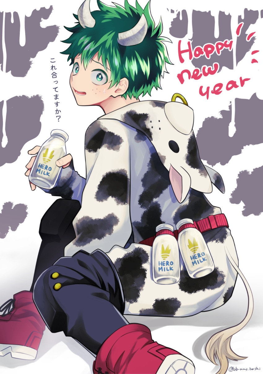 1boy animal_costume boku_no_hero_academia bottle cow_costume cow_horns freckles glass_bottle green_eyes green_hair happy_new_year highres holding holding_bottle horns knee_pads looking_at_viewer male_focus midoriya_izuku milk_bottle on_floor open_mouth red_footwear solo sweatdrop twitter_username ume_(326310)