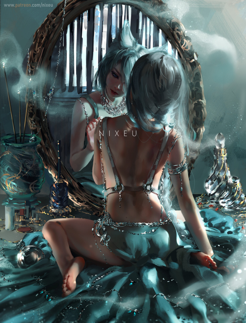 1girl animal_ears armlet artist_name bangs bottle bra_strap commentary english_commentary fantasy feet fox_ears grey_eyes grey_hair hair_over_one_eye highres jewelry looking_at_mirror mirror mixed-language_commentary necklace nixeu original perfume_bottle reflection sitting solo vase wariza