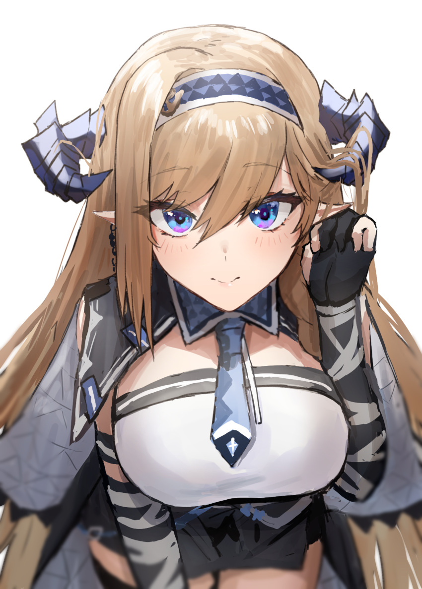 1girl arknights bangs black_gloves black_skirt blonde_hair blue_eyes blue_hairband blue_necktie blush breasts closed_mouth cowboy_shot dragon_horns earrings elbow_gloves eyebrows_visible_through_hair gloves hair_between_eyes hair_tucking hairband highres horns jewelry large_breasts leaning_forward long_hair looking_at_viewer miniskirt necktie partially_fingerless_gloves pointy_ears raw_egg_lent saileach_(arknights) shirt simple_background skirt smile solo very_long_hair white_background white_shirt