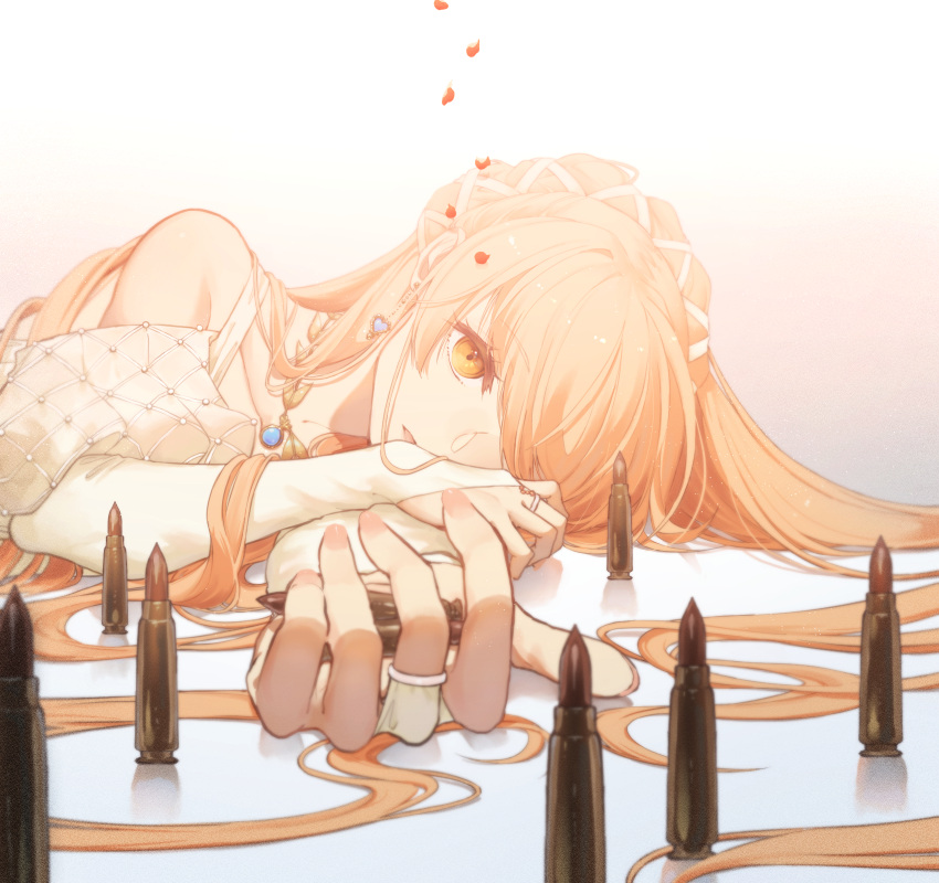 1girl bangs blonde_hair bullet commentary dress earrings elbow_gloves eyebrows_visible_through_hair girls_frontline gloves hair_between_eyes hair_ornament hair_over_one_eye highres jewelry long_hair looking_at_viewer lying official_alternate_costume on_side open_mouth ots-14_(destined_love)_(girls'_frontline) ots-14_(girls'_frontline) partially_fingerless_gloves petals rabb_horn ring shell_casing simple_background solo upper_body white_dress white_gloves yellow_eyes