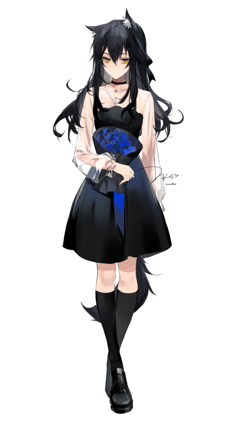 1girl absurdres animal_ear_fluff animal_ears arknights black_dress black_footwear black_hair black_legwear bouquet commentary_request dress full_body highres holding holding_bouquet kneehighs loafers long_hair long_sleeves looking_at_viewer meng_ziya shirt shoes simple_background solo standing tail texas_(arknights) white_background white_shirt wolf_ears wolf_tail yellow_eyes