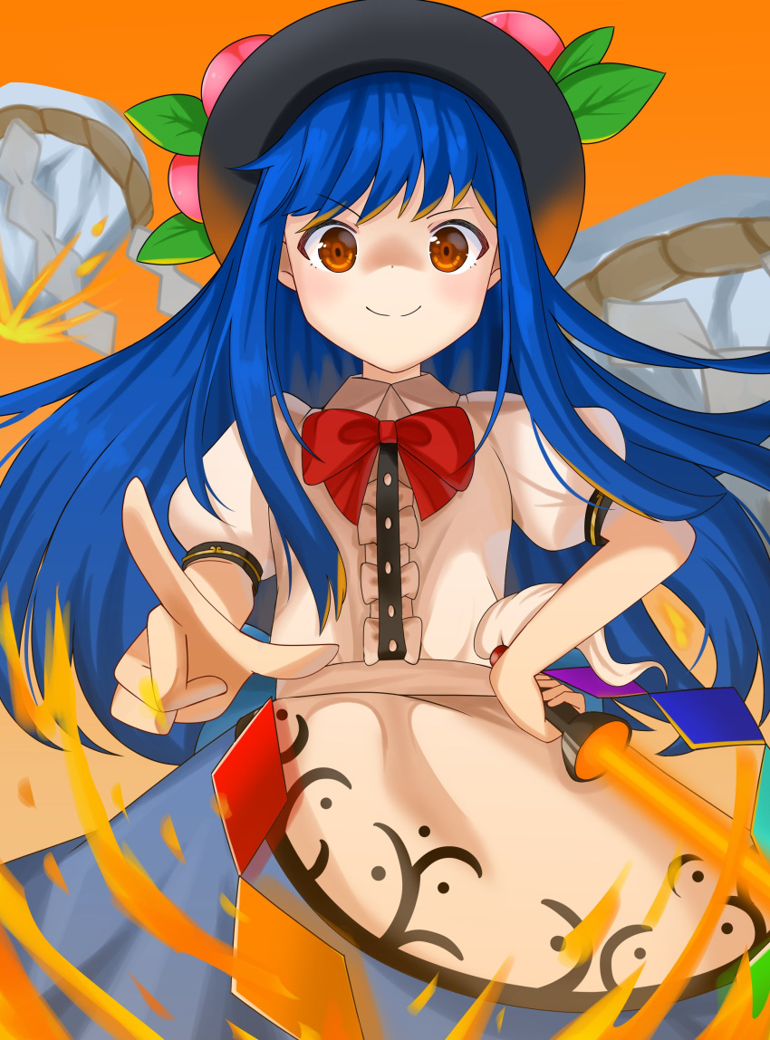 1girl absurdres black_headwear blue_hair bow bowtie food fruit gavieeiee hat highres hinanawi_tenshi leaf long_hair looking_at_viewer orange_background puffy_short_sleeves puffy_sleeves red_bow short_sleeves smile solo sword_of_hisou touhou
