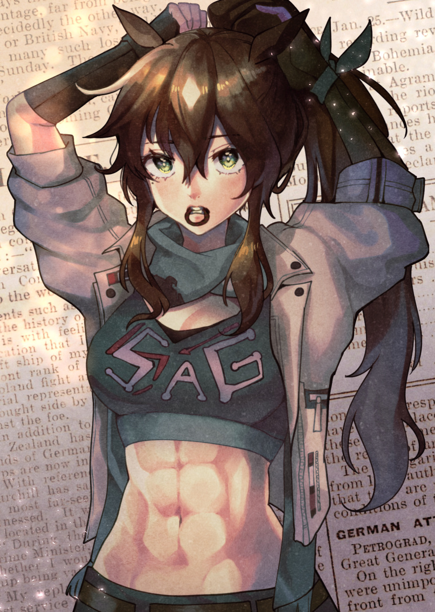 1girl abs alternate_costume animal_ears arknights arms_up background_text bangs black_gloves breasts brown_hair clenched_teeth clothes_writing cowboy_shot elbow_gloves english_text eyebrows_visible_through_hair gloves green_eyes grey_jacket hair_between_eyes hair_tie highres horse_ears jacket long_hair medium_breasts meteor_(arknights) mouth_hold muscular muscular_female navel open_clothes open_jacket parted_lips ponytail short_sleeves sidelocks solo somda sports_bra stomach teeth tying_hair