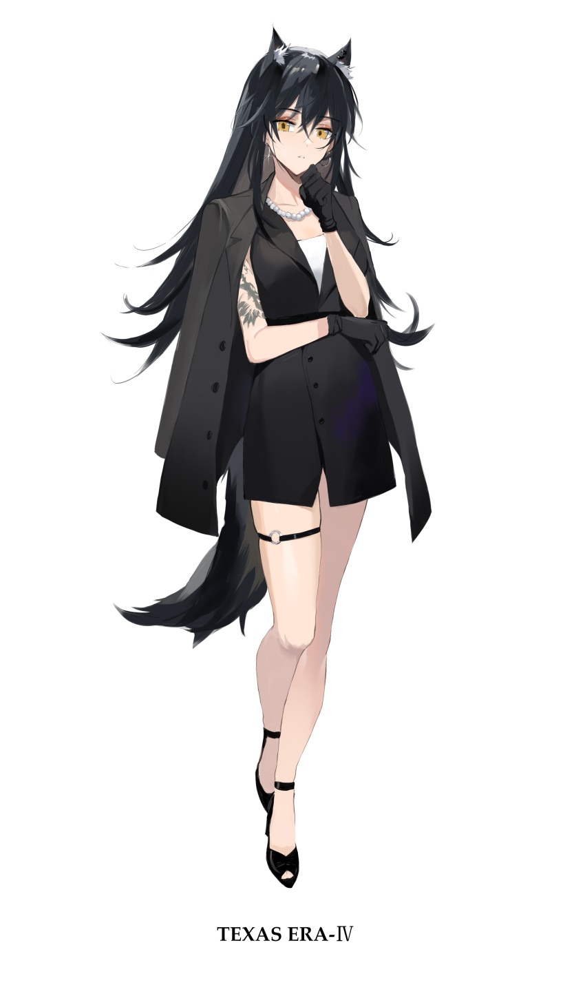 1girl absurdres animal_ear_fluff animal_ears arknights arm_tattoo bare_legs black_dress black_footwear black_gloves black_hair black_jacket commentary dress earrings full_body gloves high_heels highres jacket jacket_on_shoulders jewelry long_hair looking_at_viewer meng_ziya necklace parted_lips shirt simple_background sleeveless sleeveless_dress solo tail tattoo texas_(arknights) thigh_strap white_background white_shirt wolf_ears wolf_tail yellow_eyes