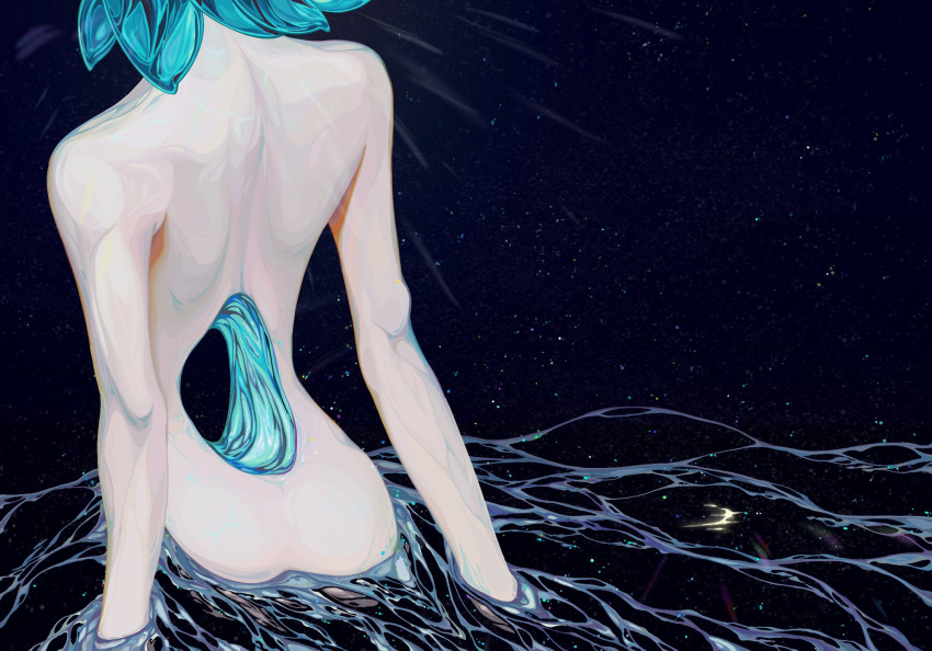 1other aqua_hair caustics commentary_request completely_nude crystal_hair facing_away from_behind head_out_of_frame highres hole_on_body houseki_no_kuni light_particles nude other_focus partially_submerged phosphophyllite quanxiahanyan short_hair solo sparkle upper_body water