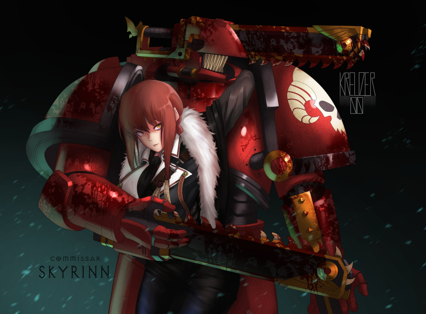 1boy 1girl absurdres adeptus_astartes armor black_jacket black_pants blood blood_on_arm blood_on_face blood_on_weapon breastplate chainsaw chainsaw_man chainsword character_request closed_mouth collaboration crossover denji_(chainsaw_man) exorcists_(warhammer_40k) helmet highres jacket kreuzer_00 long_hair makima_(chainsaw_man) pants pauldrons power_armor red_armor redhead sharp_teeth shoulder_armor sidelocks space_marine teeth twitter_username warhammer_40k weapon yellow_eyes