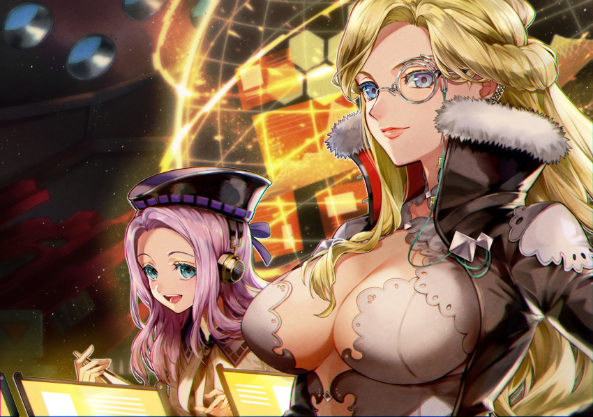 2girls amy_chrysanthemum bangs beret blonde_hair blue_eyes bow breasts coat commentary_request fur_trim god_eater god_eater_3 hair_bow hat headphones highres hilda_henriquez large_breasts lips long_hair looking_at_viewer monocle multiple_girls open_mouth parted_bangs pink_hair shiny shiny_hair simple_background smile tarutaru_yamaoka tied_hair upper_body