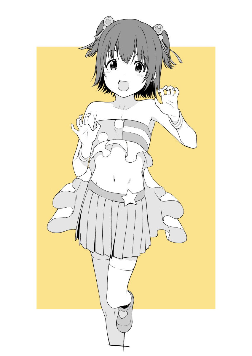 absurdres akagi_miria bangs bare_shoulders blush claw_pose collarbone commentary_request crop_top eyebrows_visible_through_hair flat_chest frills greyscale hands_up highres idolmaster idolmaster_cinderella_girls leg_up looking_at_viewer midriff monochrome navel pikapikapop_(idolmaster) pleated_skirt shinkun_(natsume_so) shoes short_hair short_twintails skirt smile star_(symbol) thigh-highs twintails wristband yellow_background zettai_ryouiki