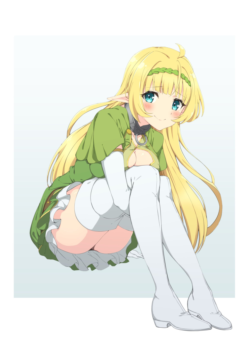 1girl absurdres bangs blonde_hair blue_eyes blush boots breasts closed_mouth commentary dress elf eyebrows_visible_through_hair frilled_dress frills green_dress green_hairband hairband highres hugging_own_legs isekai_maou_to_shoukan_shoujo_no_dorei_majutsu leaning_forward long_hair looking_at_viewer medium_breasts naota0048 outside_border panties pantyshot pointy_ears shera_l._greenwood short_dress short_sleeves sitting smile solo thigh-highs thigh_boots underwear white_footwear