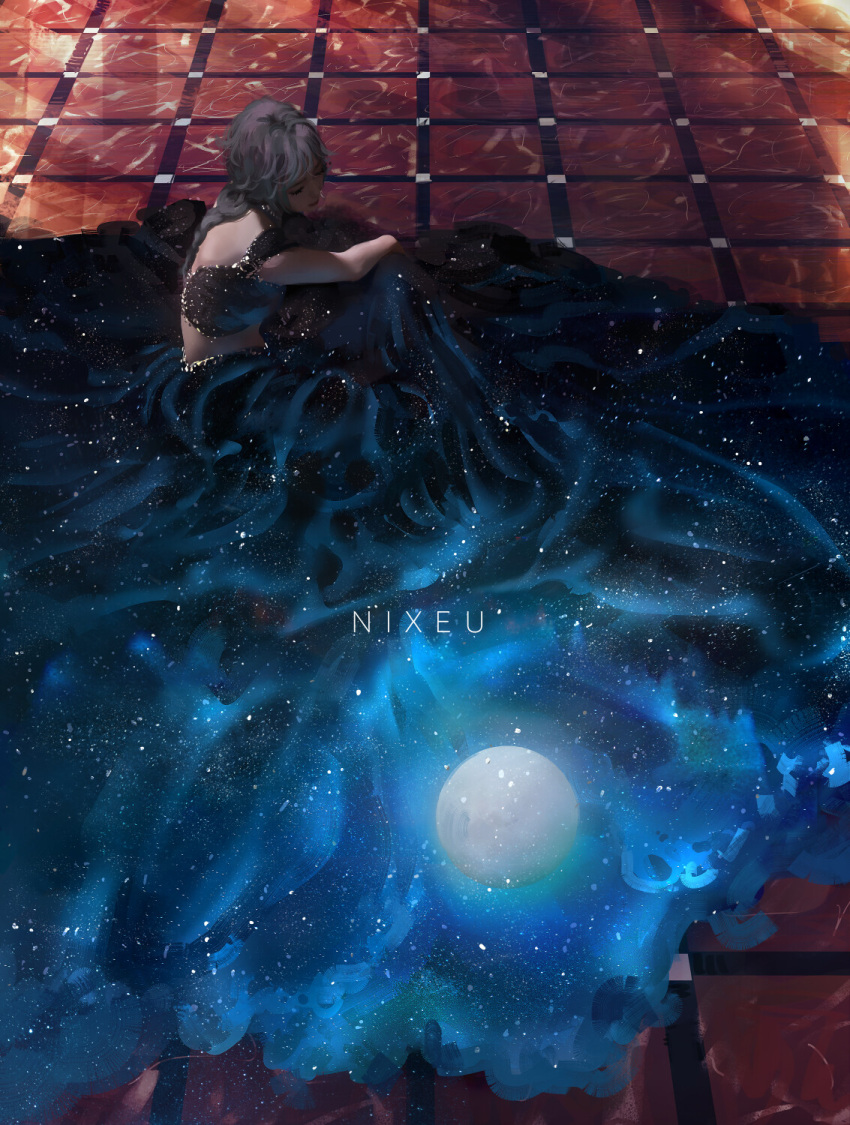 1girl artist_name bangs braid braided_ponytail commentary dress english_commentary from_above full_moon gold_trim highres long_hair midriff mixed-language_commentary moon night nixeu original pink_hair sitting sky solo star_(sky) starry_sky