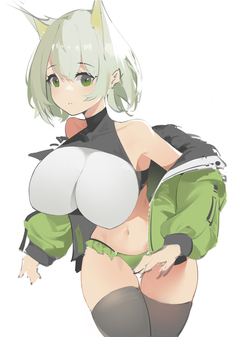 1girl absurdres alternate_breast_size alternate_costume animal_ears arknights bad_anatomy bangs bare_shoulders black_legwear breasts cat_ears commentary_request cowboy_shot crop_top curryzcy eyebrows_visible_through_hair green_eyes green_jacket green_panties highres huge_breasts jacket kal'tsit_(arknights) long_sleeves looking_at_viewer midriff navel off_shoulder open_clothes open_jacket panties short_hair silver_hair simple_background solo standing stomach thigh-highs thighs underwear white_background