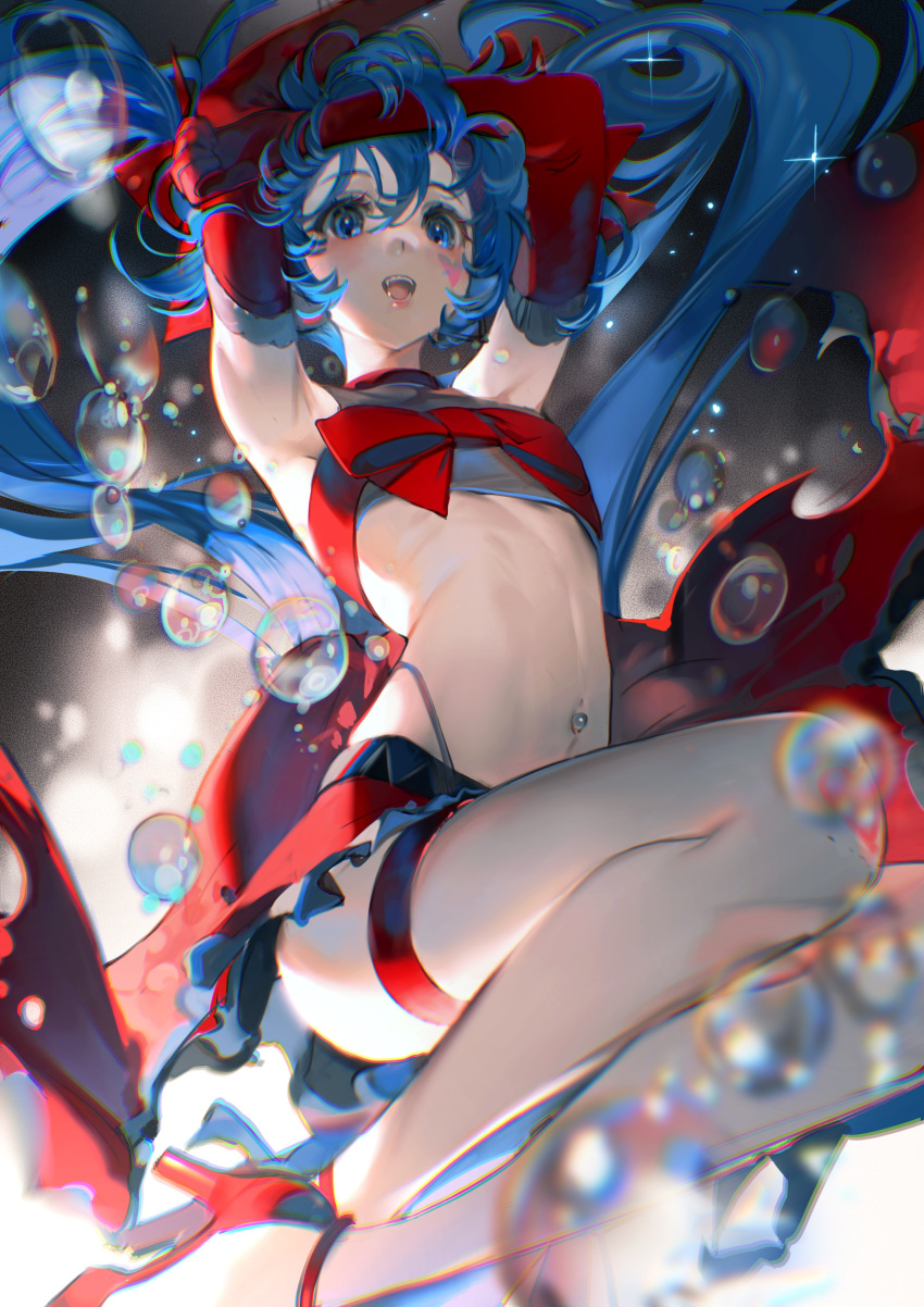 1girl :d absurdres air_bubble ambivalence_(module) arms_up bangs blue_eyes blue_hair blurry bow bubble commentary depth_of_field elbow_gloves english_commentary facial_mark feet_out_of_frame flat_chest floating_hair gloves hair_bow hatsune_miku heart high_heels highleg highleg_panties highres long_hair looking_away miniskirt navel navel_piercing panties panty_straps piercing red_bow red_footwear red_gloves red_skirt rumoon skirt sleeveless smile solo stiletto_heels thigh_strap turtleneck twintails underwear upskirt very_long_hair vocaloid
